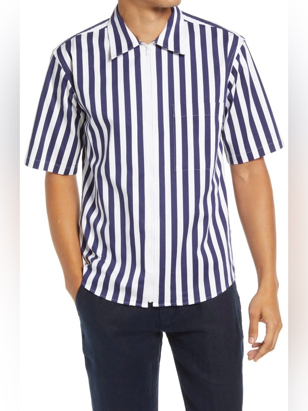 NWT NN07 Idi stripe short sleeve zip-up shirt in blue stripe